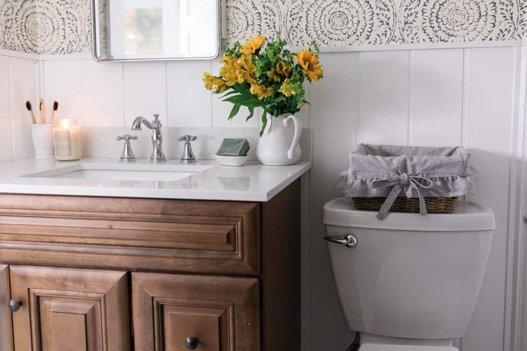 farmhouse bathroom makeover wood vanity medicine cabinet wallpaper shiplap