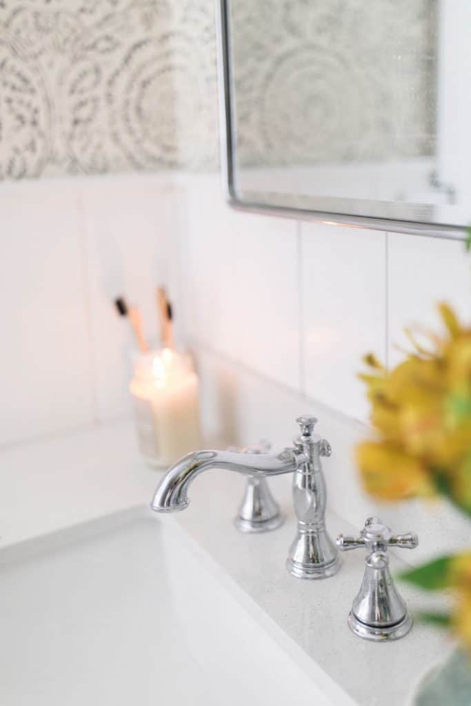 farmhouse bathroom makeover reveal with delta faucet