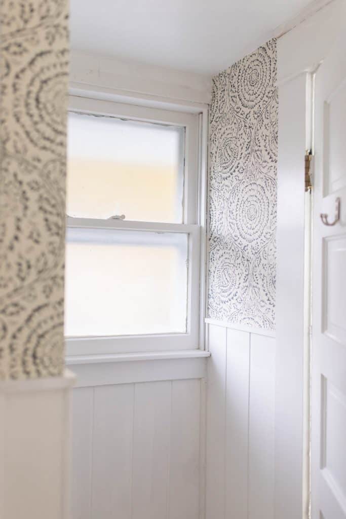 farmhouse bathroom shiplap and wallpaper farmhouse window trim