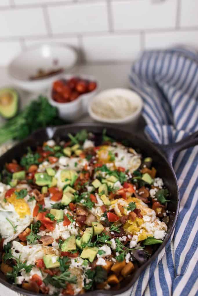 cast iron skillet recipes vegetable hash with bacon feta tomatoes avocado sweet potatoes healthy family dinner