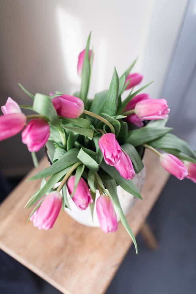 pink tulips farmhouse style mudroom