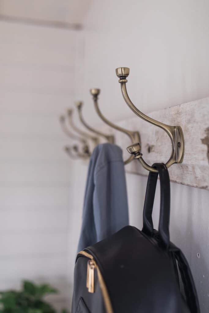 diy coat rack with antique brass hooks and barn wood