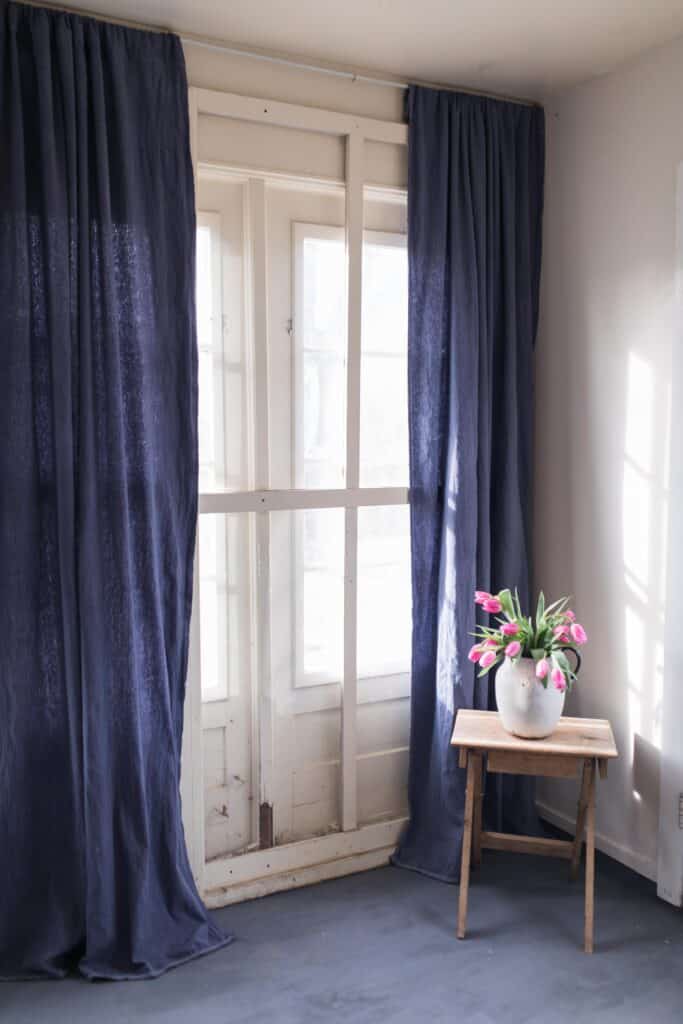 navy blue dyed drop cloth curtains farmhouse mudroom