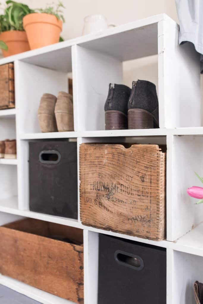 farmhouse mudroom antique wooden crates