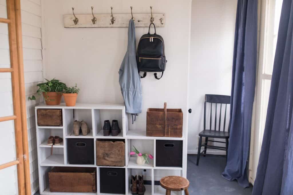 farmhouse mudroom with bright colors 