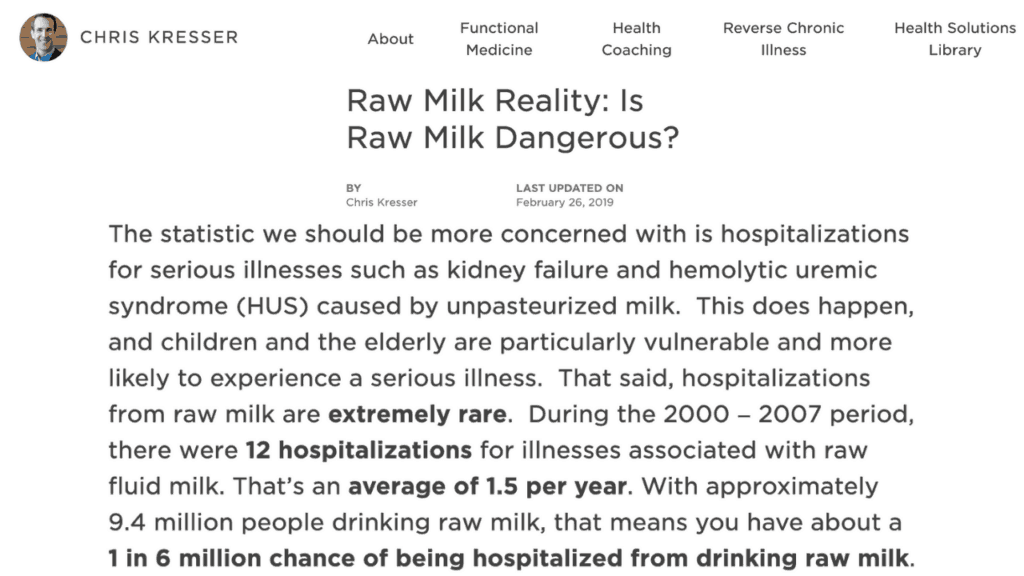 1 and 6 million chance of getting sick from raw milk stat