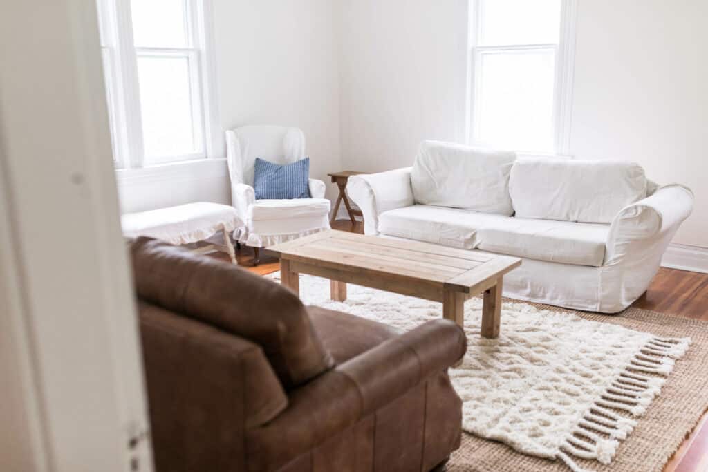 spring farmhouse living room makeover with tuesday morning before