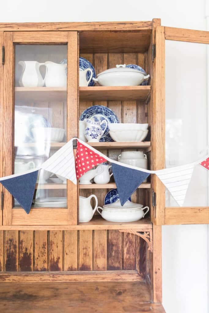 fourth of july fabric bunting on hutch