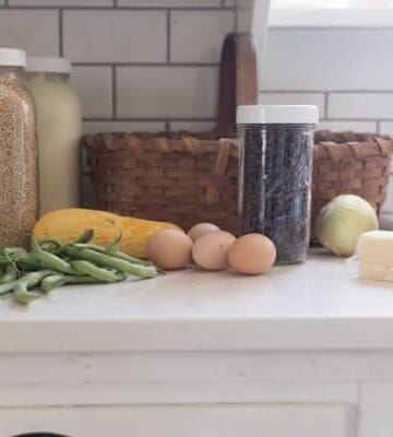 eggs, veggies and grains on quartz countertop