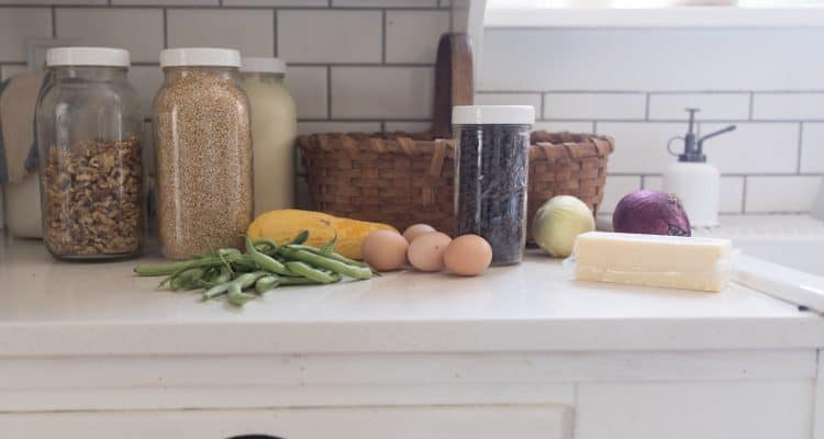 eggs, veggies and grains on quartz countertop