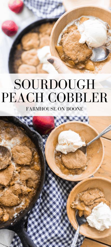 sourdough peach cobbler in wooden bowls topped with ice cream on a blue and white checked towel with cast iron skillet to the left