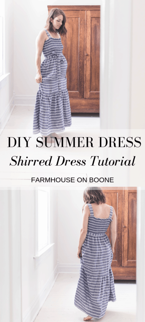 two pictures of a women wearing a DIY summer dress - shirred dress