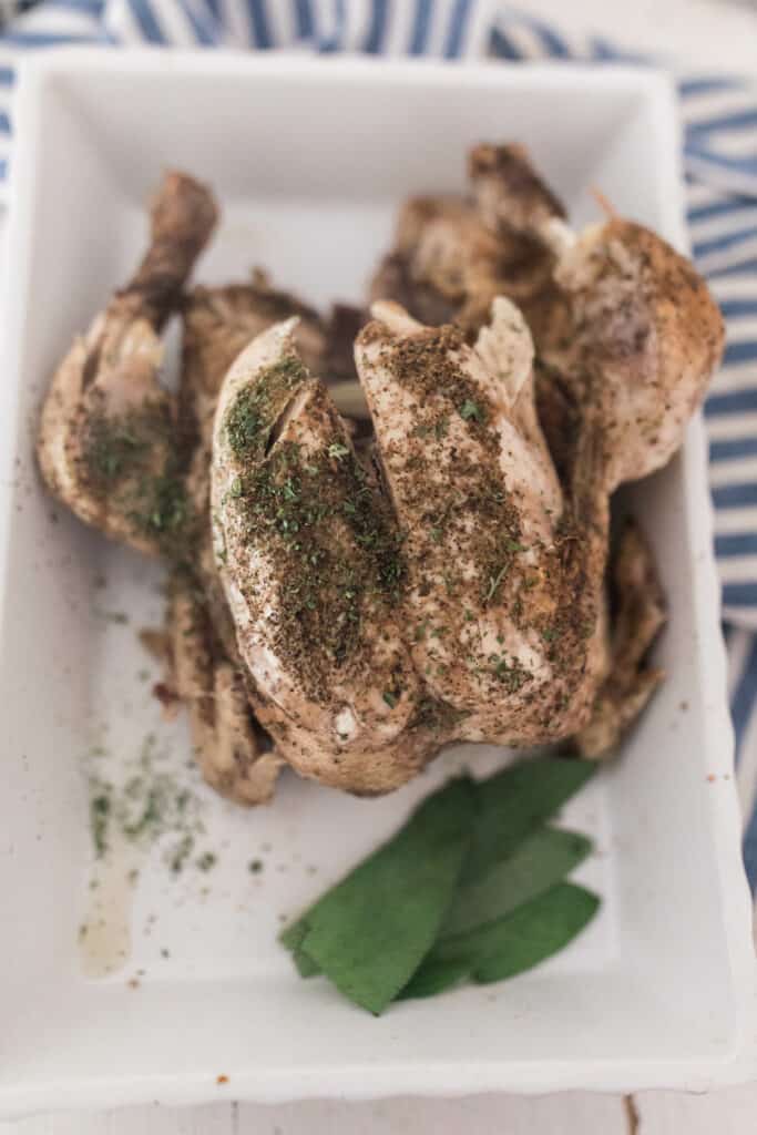 Instant Pot who chicken on a white platter on top a blue and white stripped towel