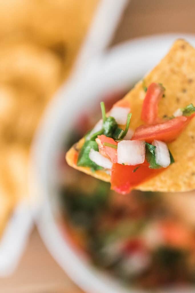 chip dipped in homemade fermented salsa