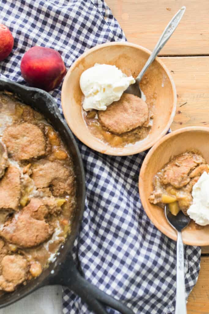 sourdough peach cobbler in