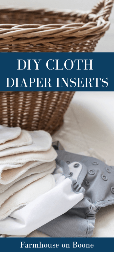 DIY cloth diaper inserts and a cloth diaper cover in front a wicker laundry basket