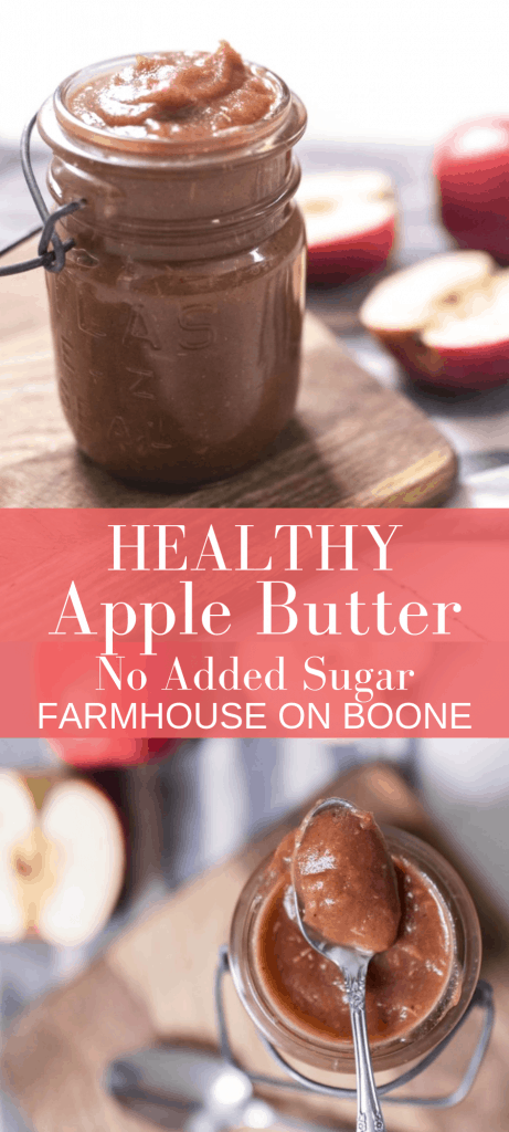 two pictures of apple butter in mason jars surrounded by apples