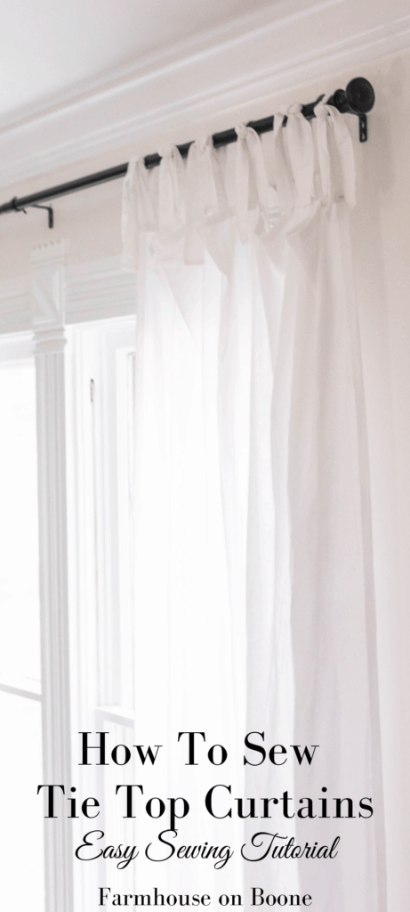 white tie top curtains on a black curtain rod - how to make curtains