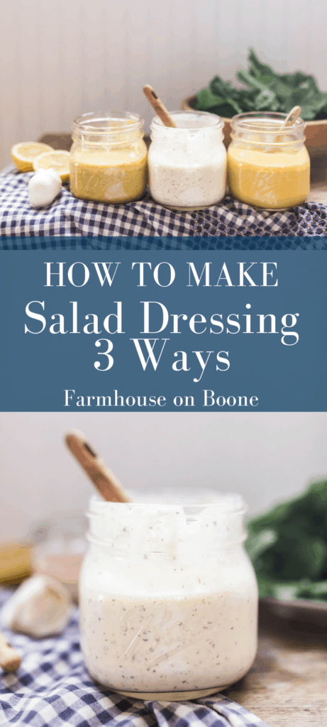 top picture is 3 homemade salad dressings on a blue and white napkin, bottom picture is a mason jar of homemade ranch dressing with a wooden spoon