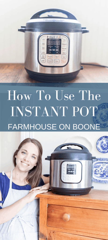 top pictures: Instant Pot sitting on a table, second picture: women standing next to a wood cabinet with the Instant Pot on top