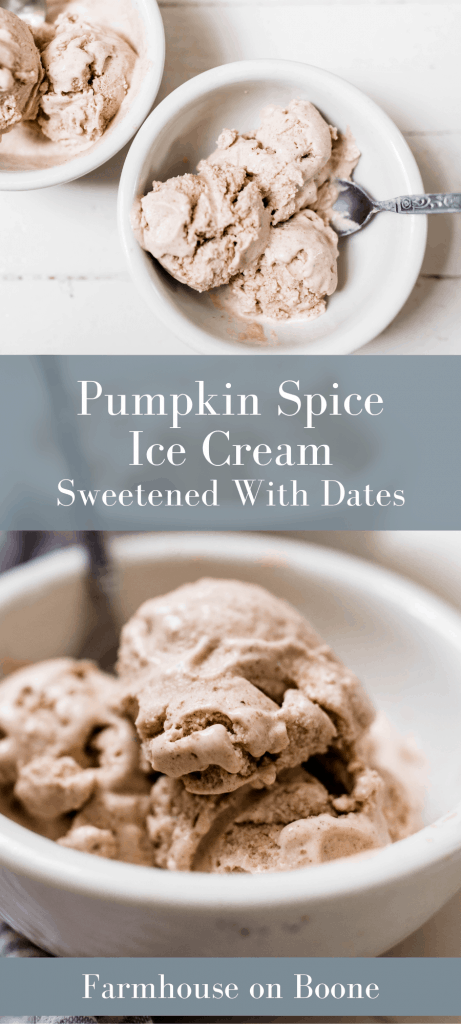 two pictures of pumpkin spice ice cream in white bowls with spoons