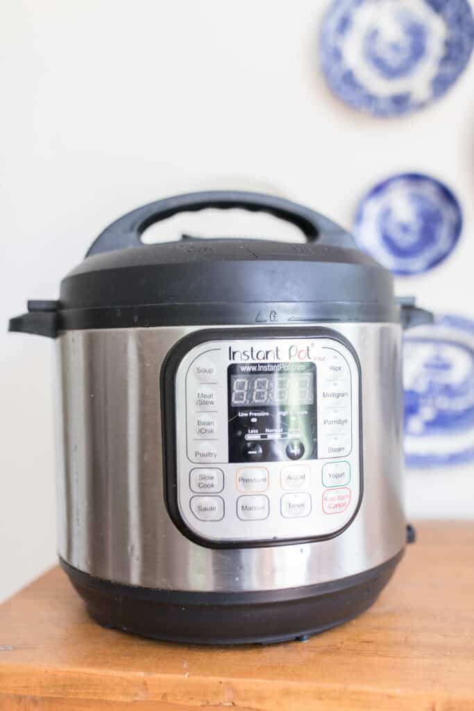 Instant Pot on a wood cabinet with blue vintage plates hanging behind it