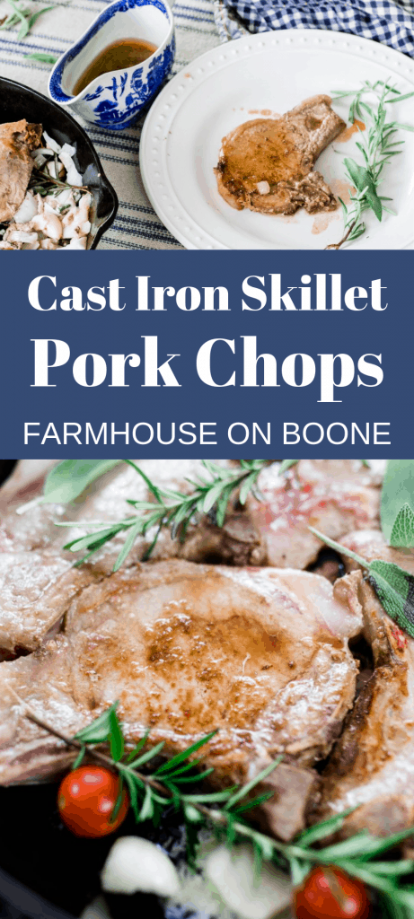 two pictures of cast iron skillet pork chops with herbs