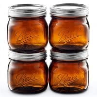 Ball Amber Glass Wide Mouth Mason Jars (16 oz/Pint) 4 Pack. With Airtight lids and Bands - Amber Canning Jar - UV light Protection - Microwave & Dishwasher Safe. + SEWANTA Jar Opener