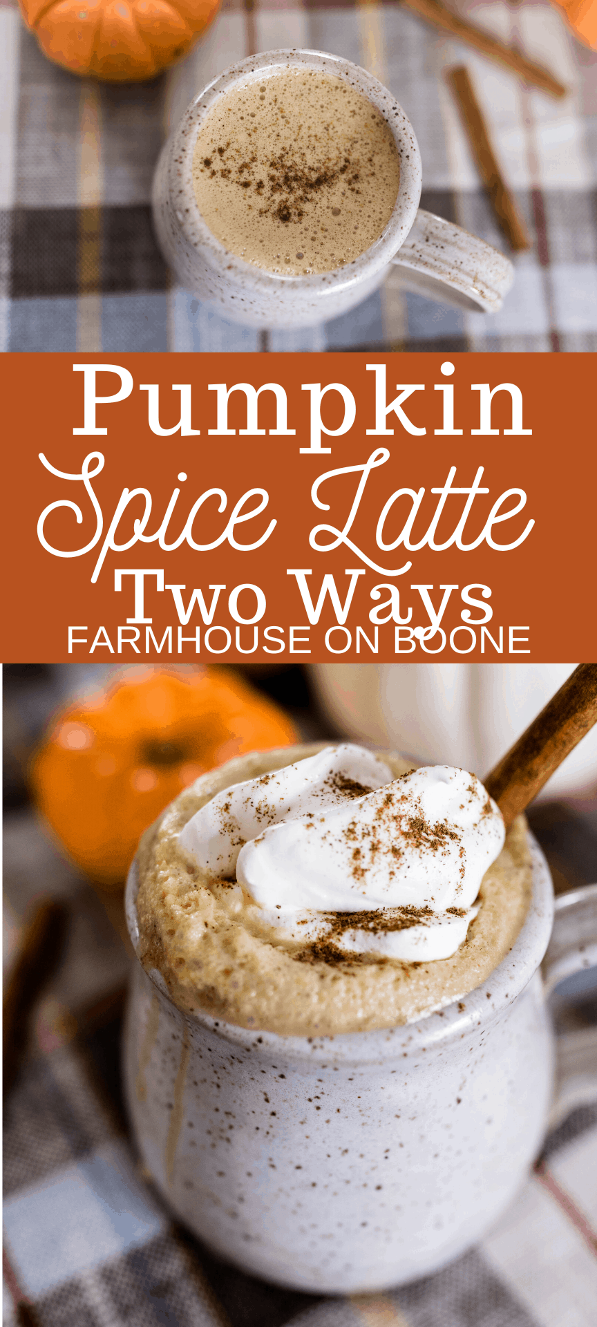 two pictures of homemade pumpkin spice lattes topped with pumpkin spice with pumpkins behind