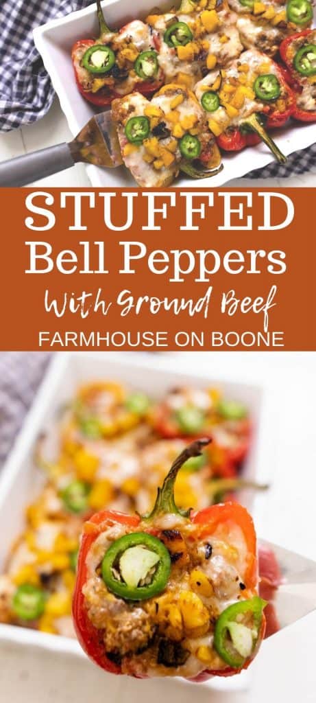 two pictures of stuffed bell peppers with ground beef.