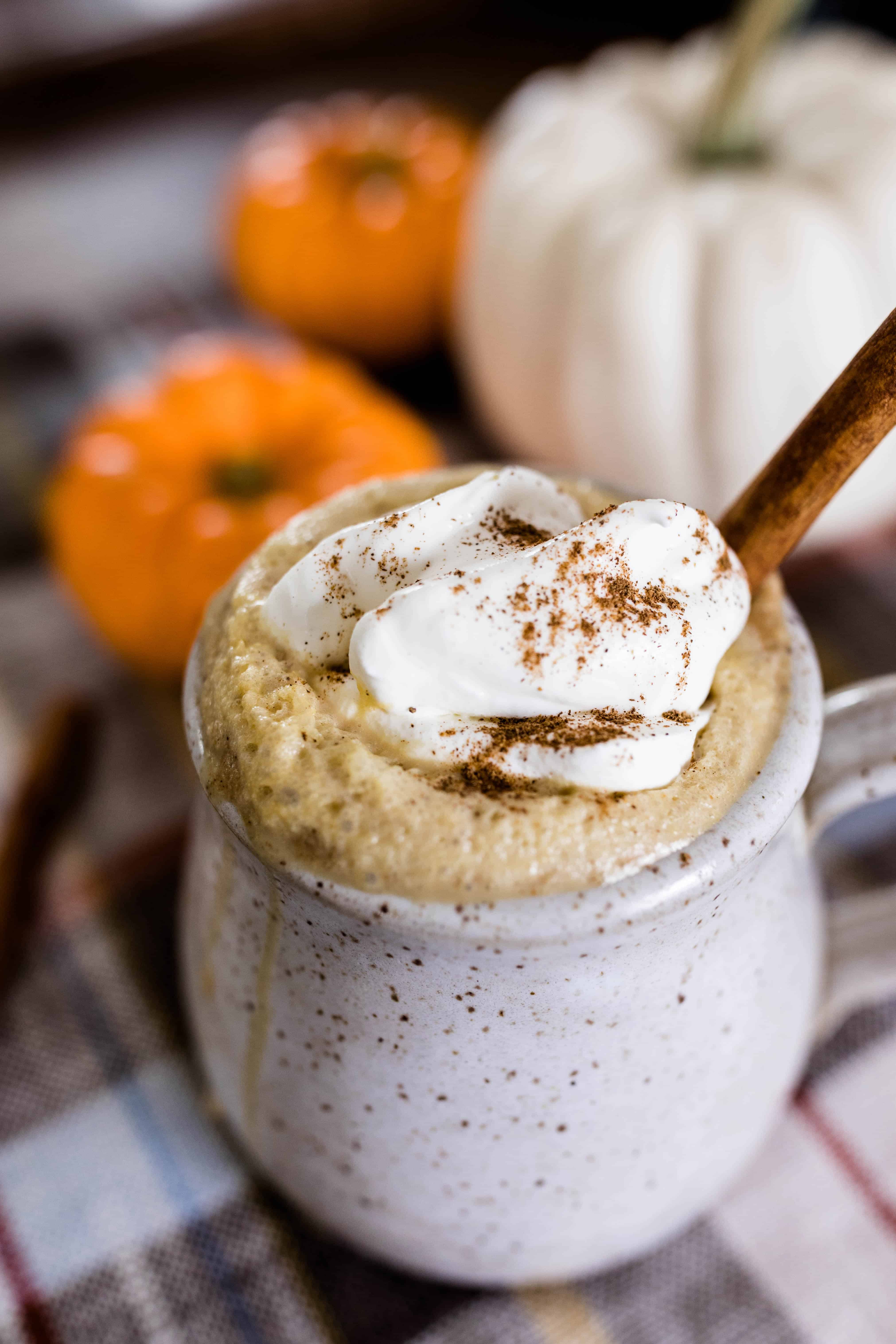 homemade pumpkin spice latte topped with whipped cream and a sprinkle of pumpkin spice in a stoneware mug with pumpkins in the background