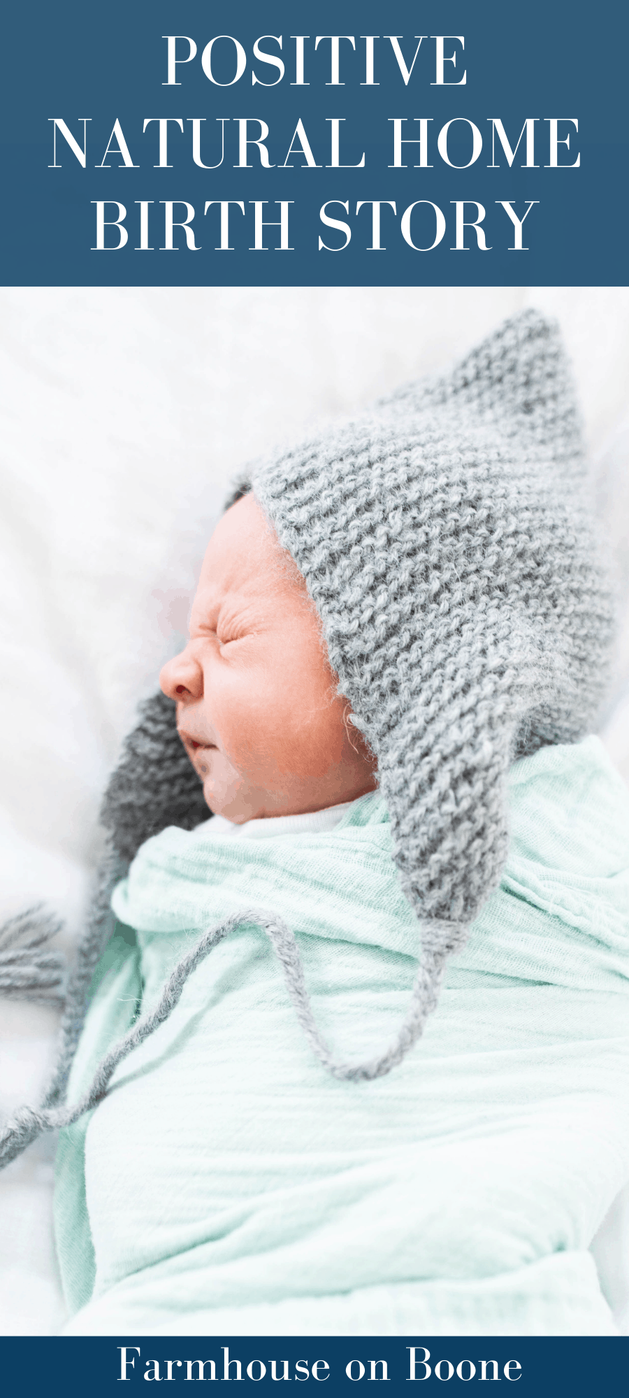 baby in knit hat and teal swaddle blanket