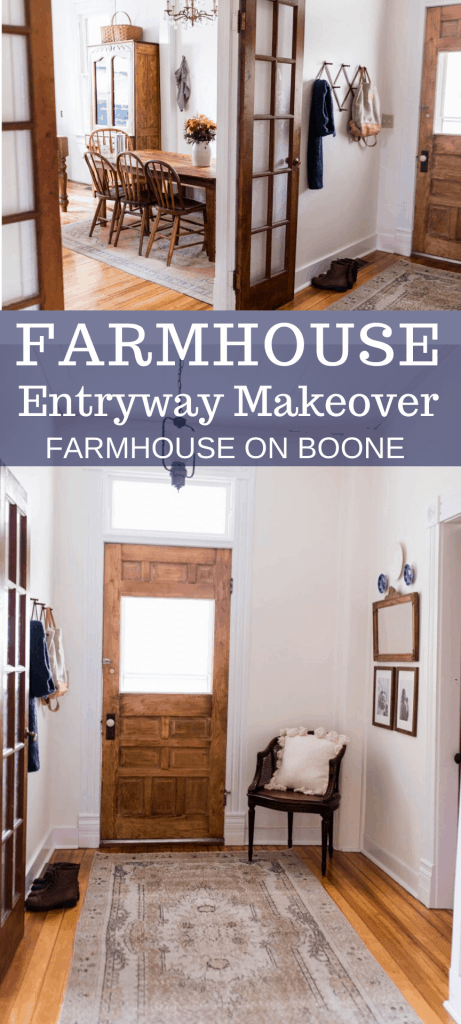 two pictures of a farmhouse entryway makeover complete with antiques and original doors