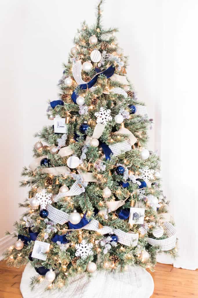 blue and white farmhouse Christmas tree