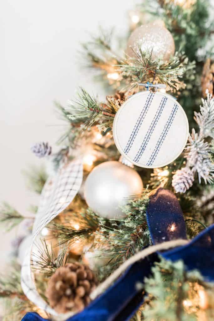 close up of Christmas tree with homemade grain-sack ornaments