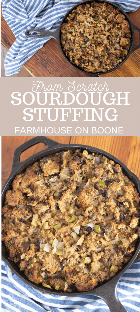 two pictures of sourdough stuffing in cast iron skillet with white and blue towels