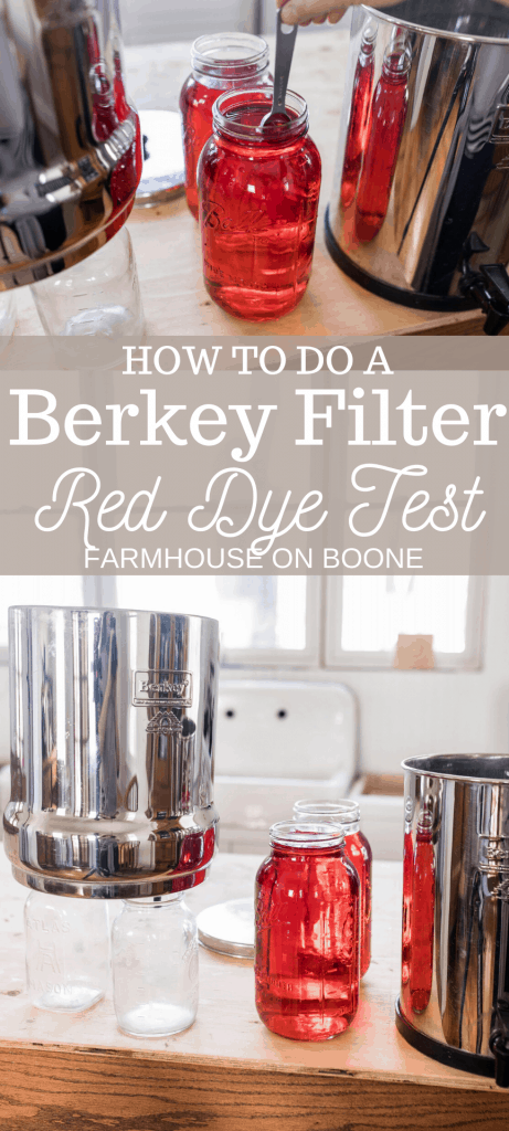 two pictures of red dye in half gallon mason jar with a Berkey Water filter to perform a Berkey red dye test.