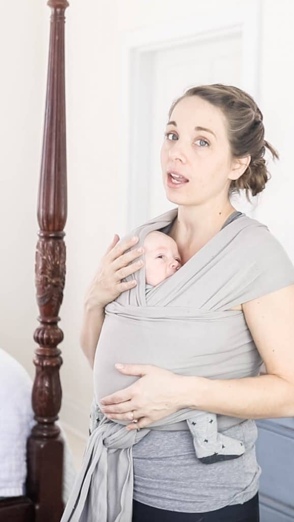 women baby wearing a baby with a gray Boba wrap