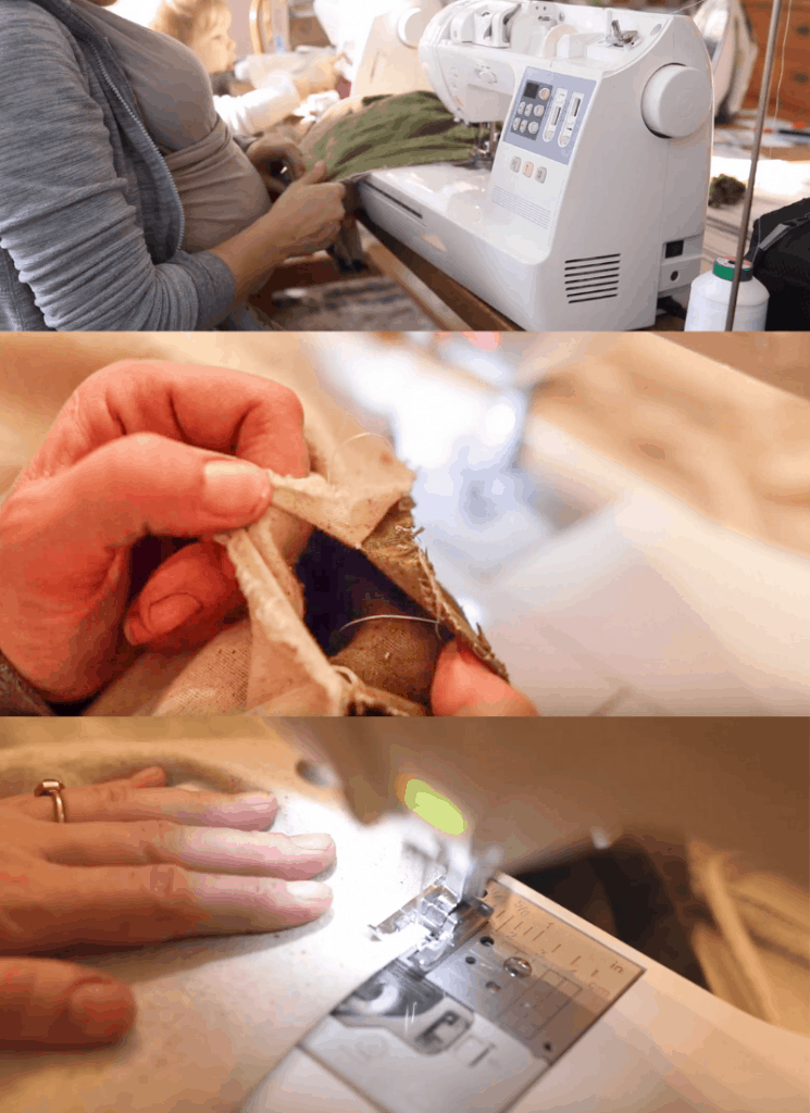 Step-by-step picture of women sewing the Mei Tai all together