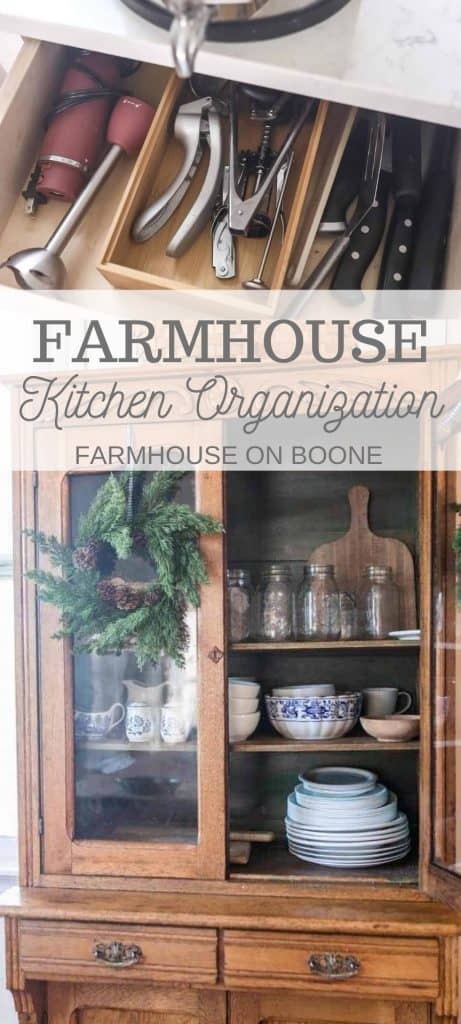 farmhouse kitchen organization solutions with a china cabinet and drawer organizers