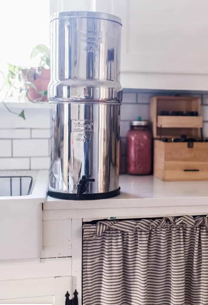 Berkey water filter installed on a kitchen countertop