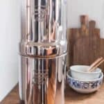 A boroux water filer on a wood counter top.