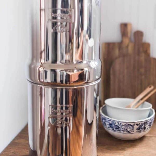 A boroux water filer on a wood counter top.
