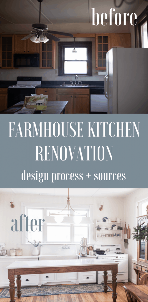 Victorian Farmhouse kitchen with white cabinets, a long wooden table topped with quarts and brass light fixtures