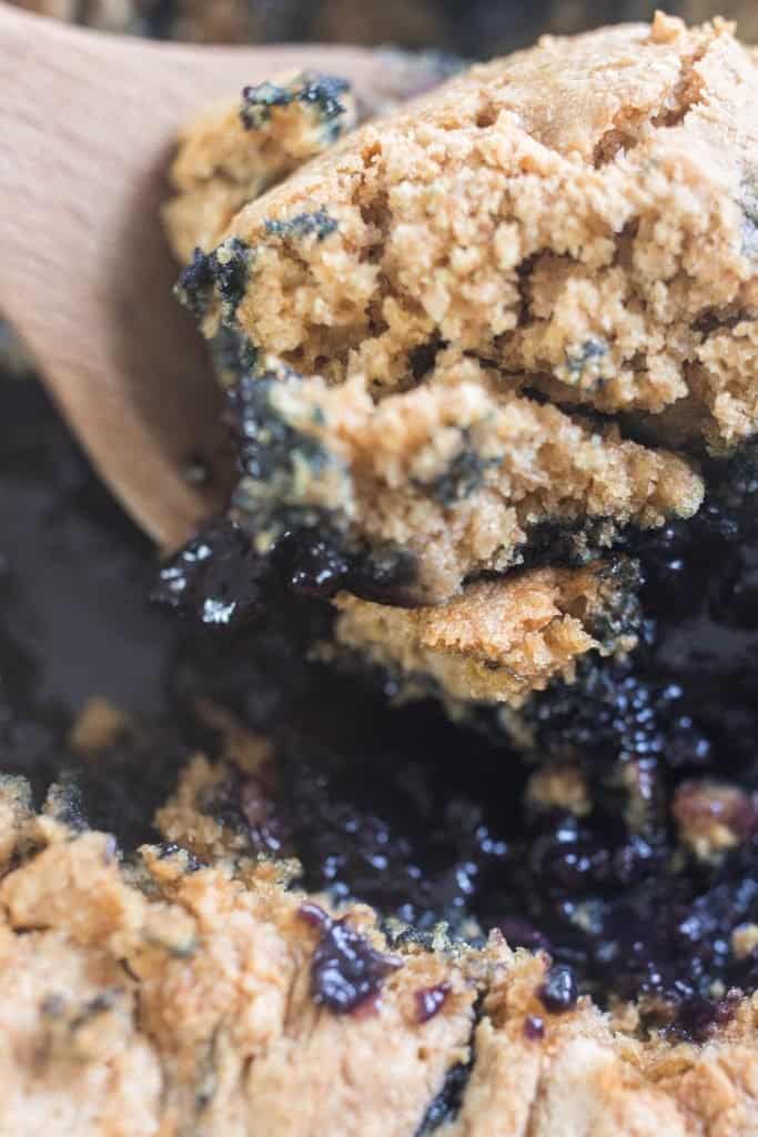 close up picture of sourdough blueberry cobbler