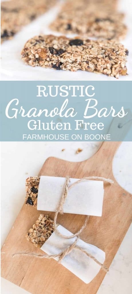 two pictures of gluten free granola bars with parchment paper. 