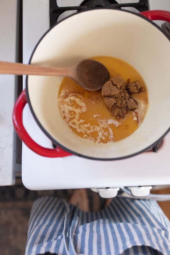 brown sugar, honey, and butter in a large dutch oven