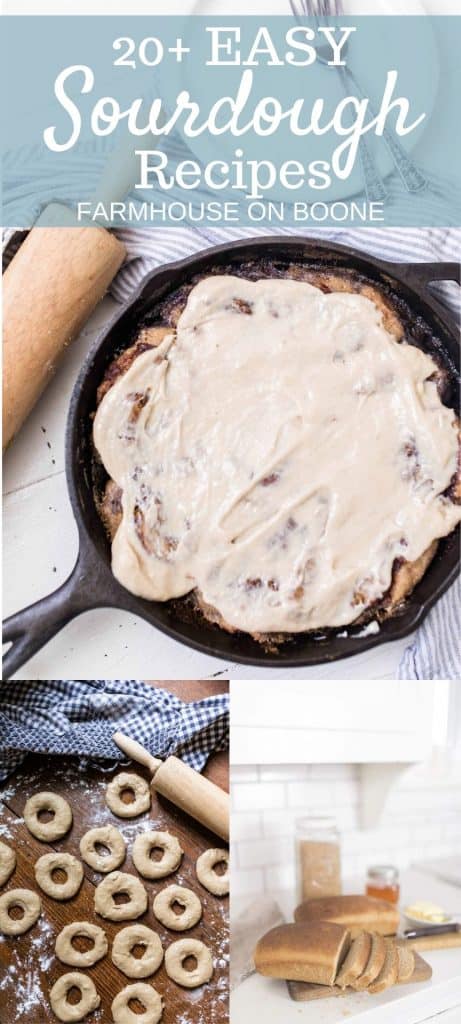 collage of pictures of sourdough recipes. From donuts, cinnamon rolls and bread