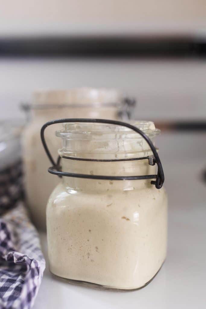gluten free sourdough start in an antique jar with a white on top of a white stove with a blue and white towel to the left