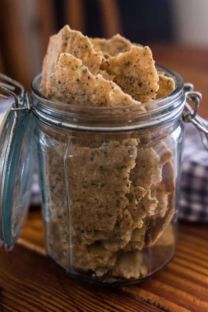 sourdough crackers in a glass mason jar with a lid